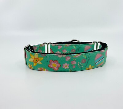 Easter Martingale Dog Collar With Optional Flower Or Bow Tie Eggs And Flowers On Teal Slip On Collar Sizes S, M, L, XL - image4